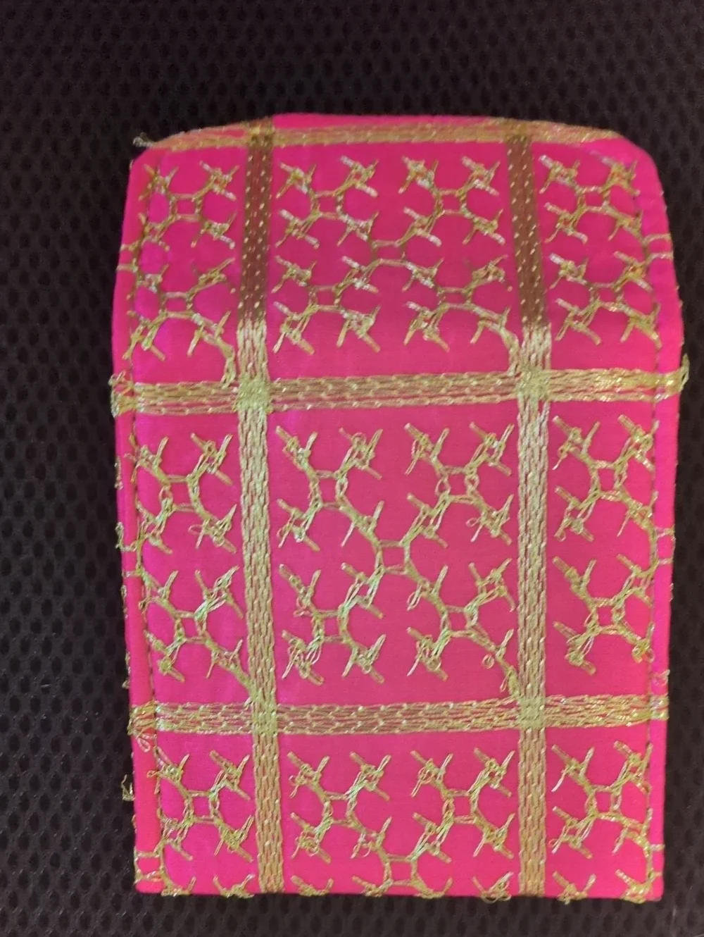 Pink Fabric Pouch with Traditional Gold Embroidered Pattern